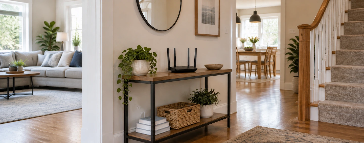 Wi-Fi router on an open console table in a central part of a home