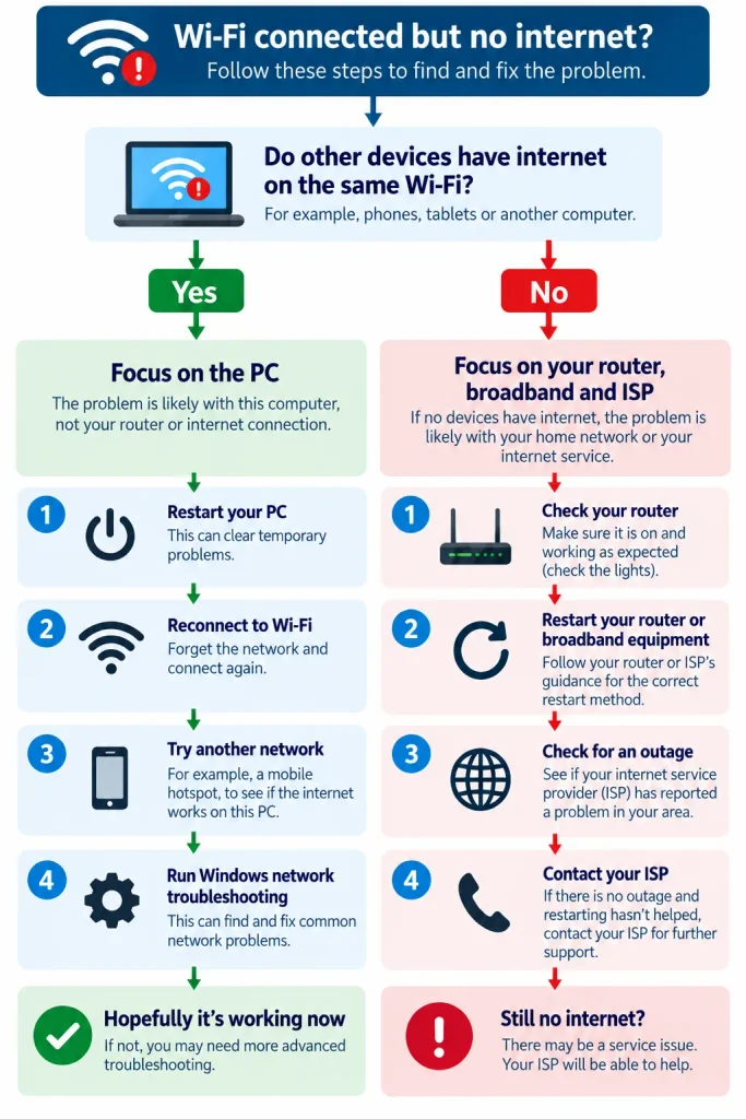 Wi-Fi connected but no internet troubleshooting decision tree