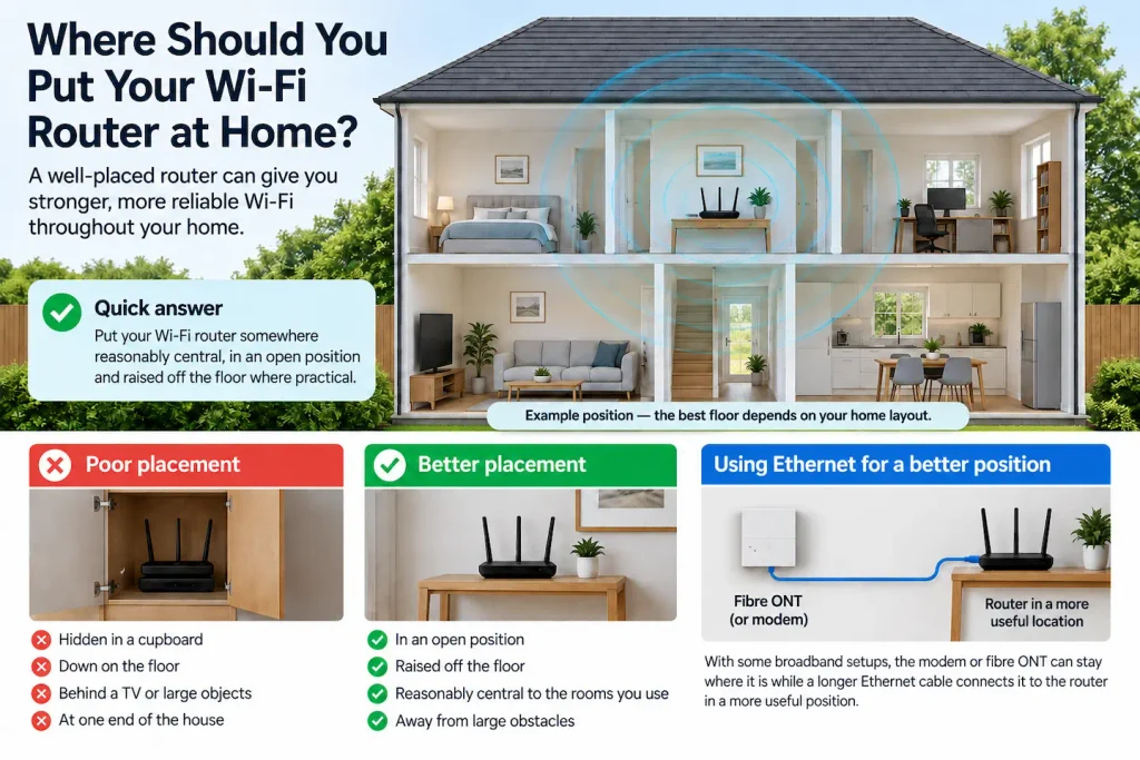 Wi-Fi router placement guide showing poor and better positions in a two-storey home