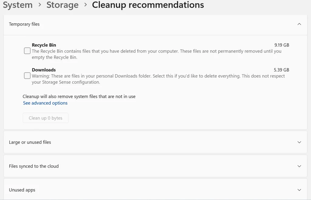 Windows 11 Cleanup recommendations in Storage settings