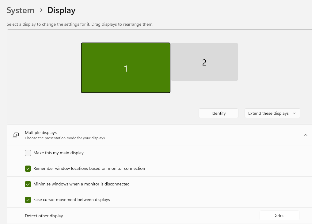 Windows 11 Display settings showing two monitors and the Detect option