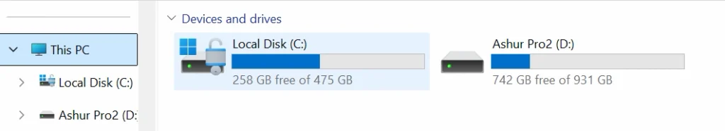 External backup drive shown under This PC in Windows 11 File Explorer