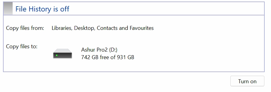 File History settings in Windows 11 Control Panel