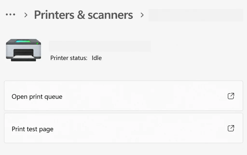 Print test page option in Windows 11 printer settings