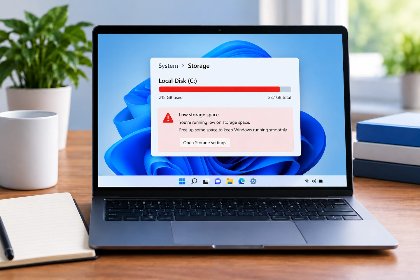 Windows 11 storage full warning on a laptop screen
