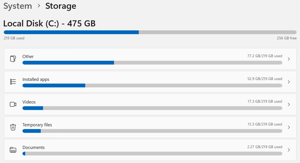 Windows 11 storage full showing Storage settings and drive usage categories