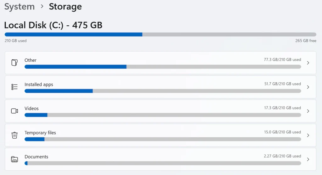 Windows 11 Storage settings showing used storage