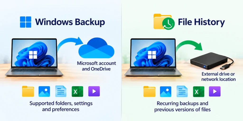 Windows Backup compared with File History using OneDrive and external storage