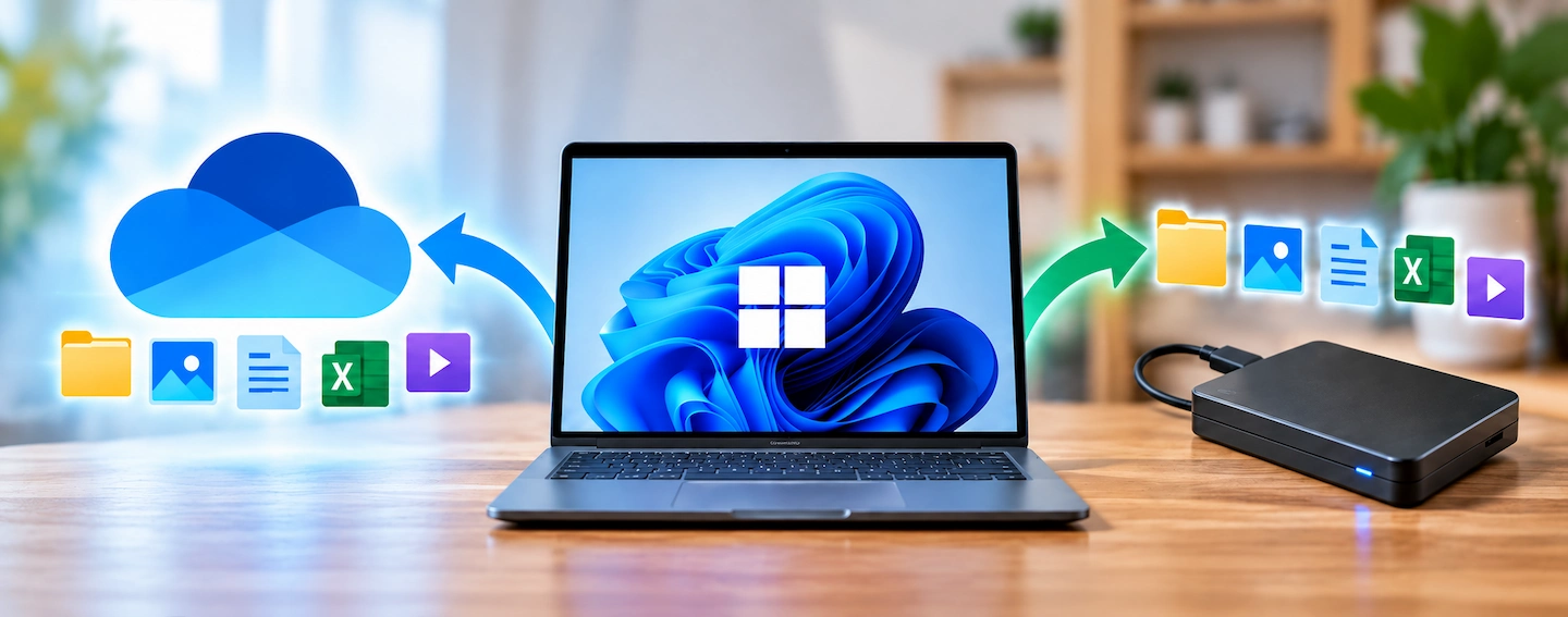 Windows Backup vs File History comparison showing cloud and external drive backup