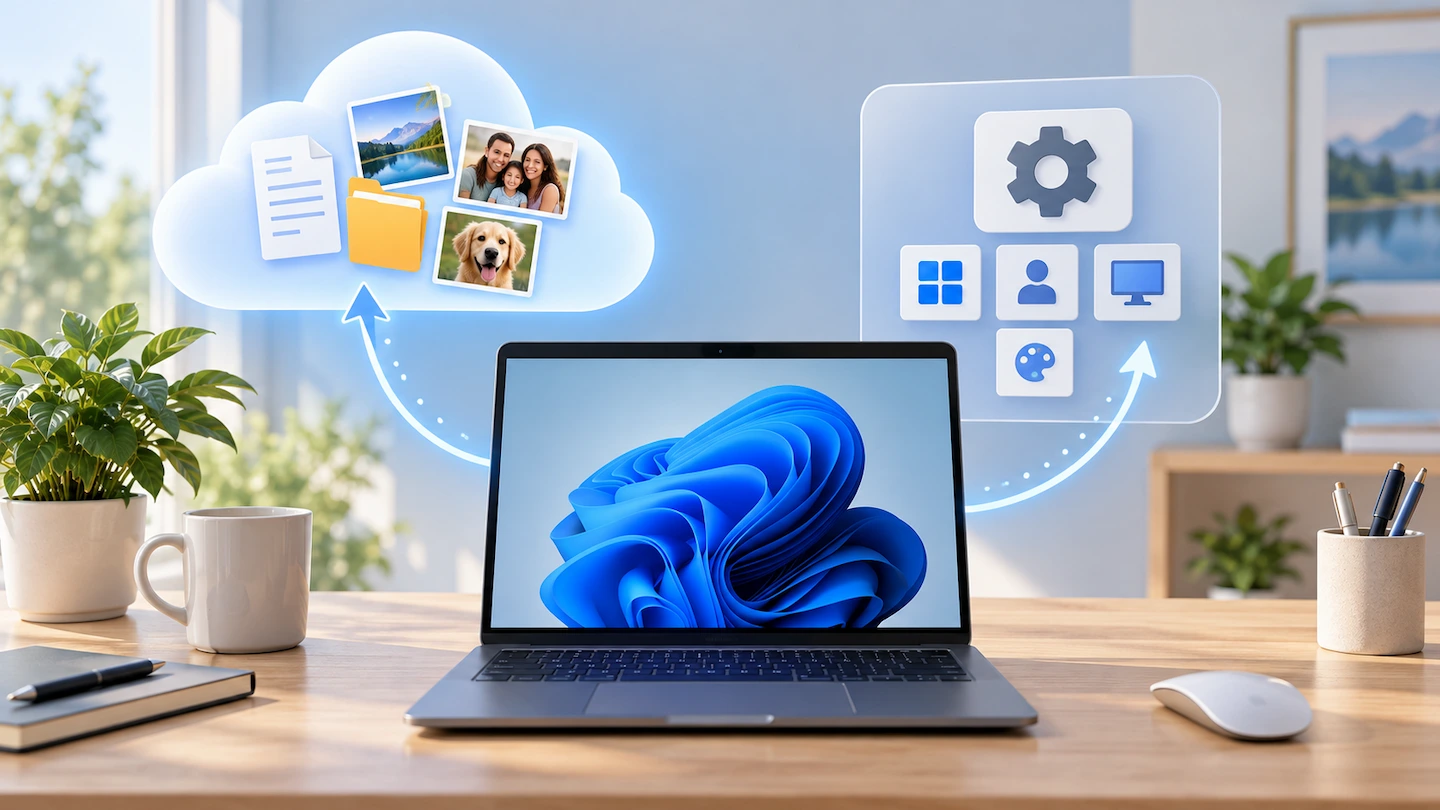 Windows Backup vs OneDrive shown as cloud files and Windows settings on a PC