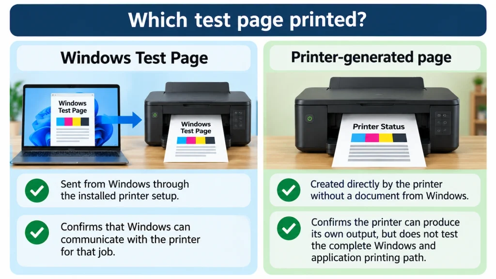 Difference between a Windows Test Page and a printer-generated test page